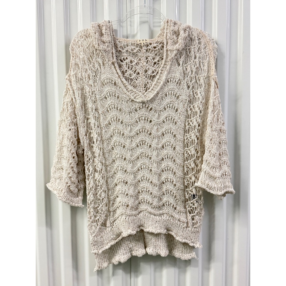 POL Crochet Hoodie Women L Cream Excellent Open Knit Boho SMST316